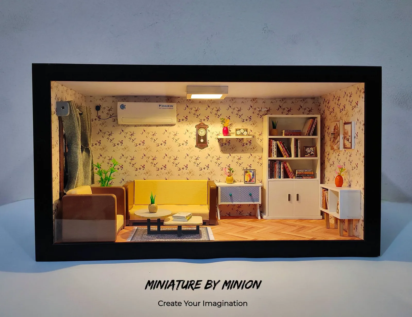 Living Room Shadow Box with Light, handmade by Miniature By Minion