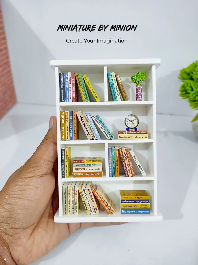White Mini Bookshelf with Bangla Classics, handmade by Miniature By Minion